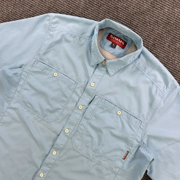 Simms Fishing Products Light Blue Short Sleeve Button Up Shirt Men Large Outdoor - Picture 1 of 15